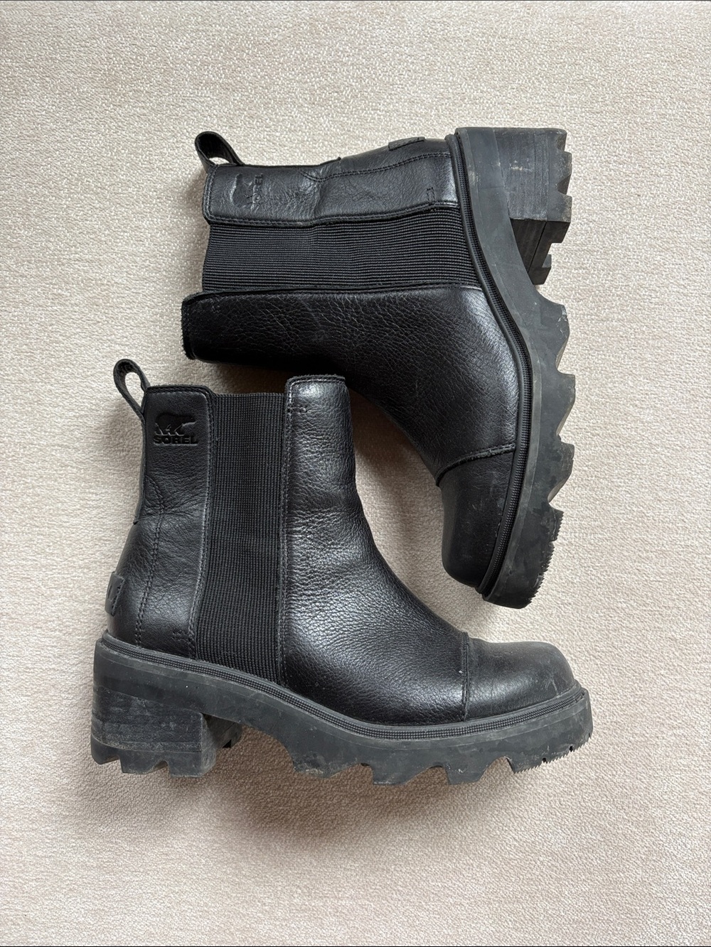 “Joan Now” Sorel Black Leather Chelsea Lug Ankle Boots